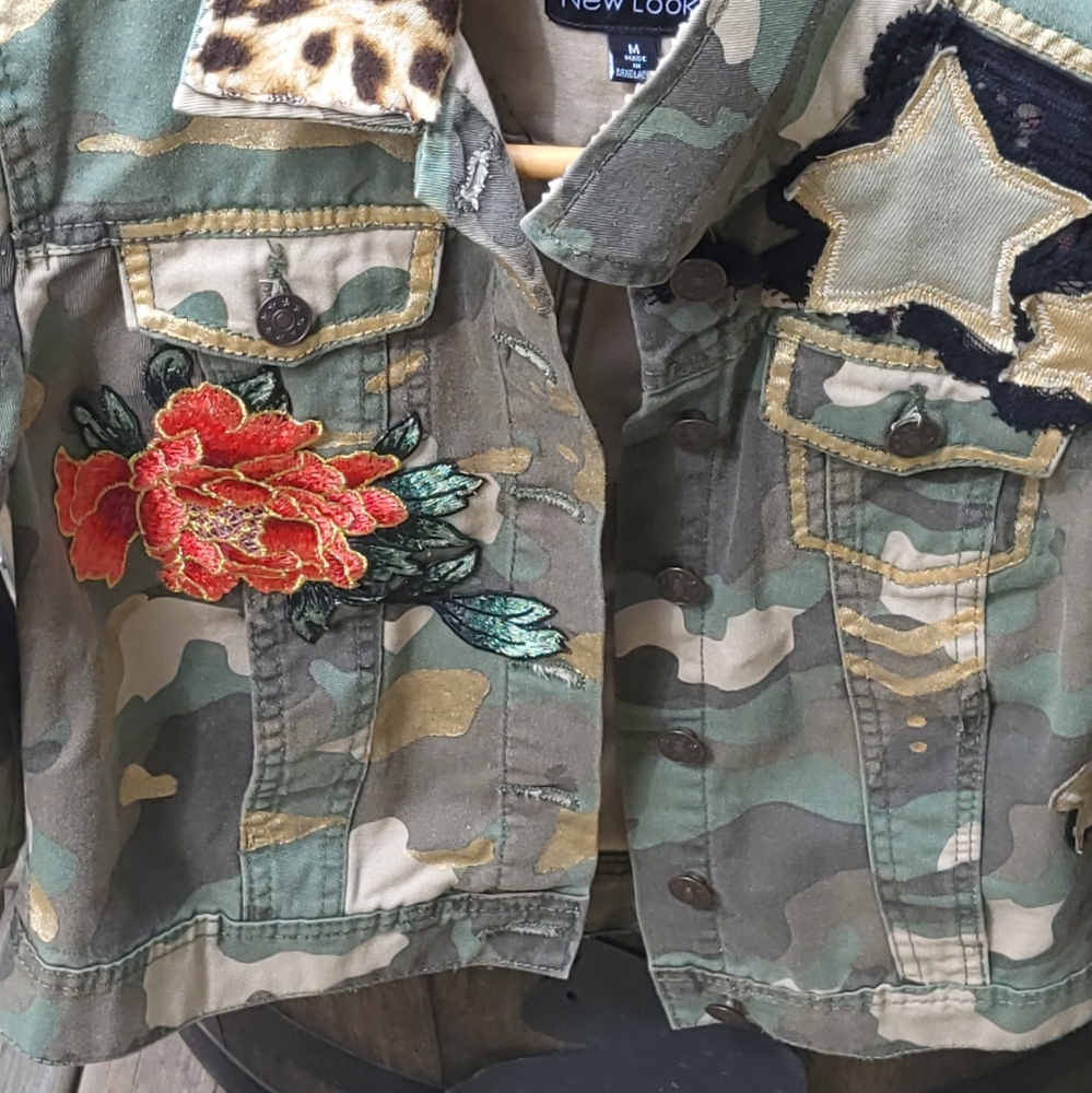Camouflage, Hand-sewn lace metallic paint, leopard print cropped jean jacket.